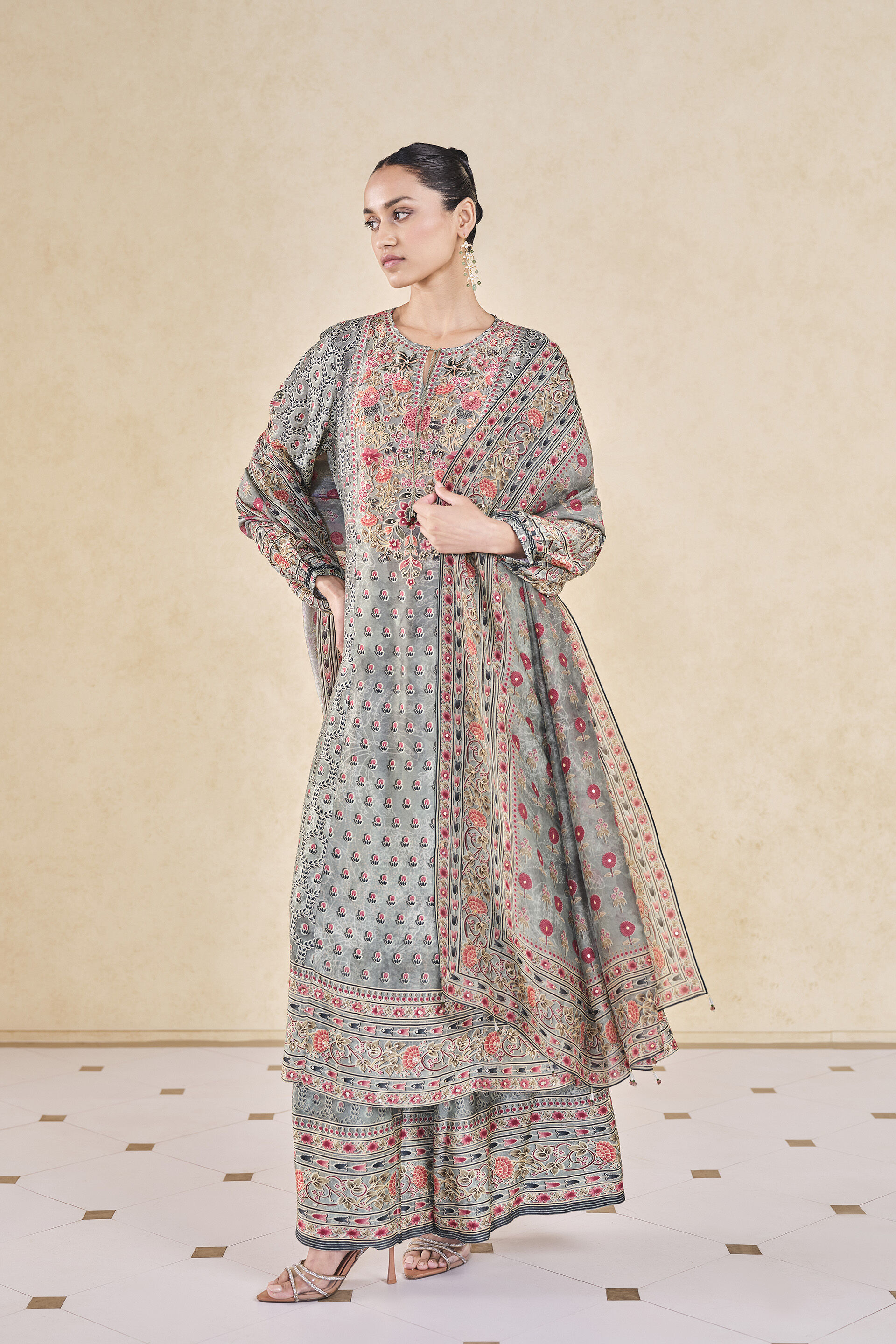 Demoiselle Printed Sequin Silk Suit Set - Sage